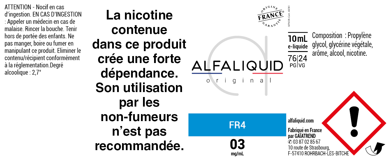E-Liquide FR4 10ml - Original Classique | Alfaliquid étiquette 3 mg