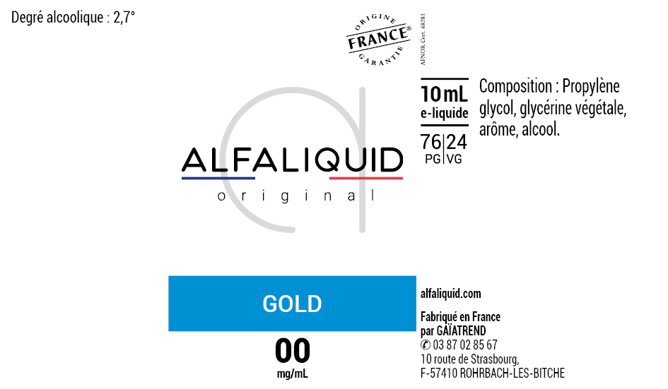 E-Liquide GOLD 10ml - Original Classique | Alfaliquid étiquette 0 mg