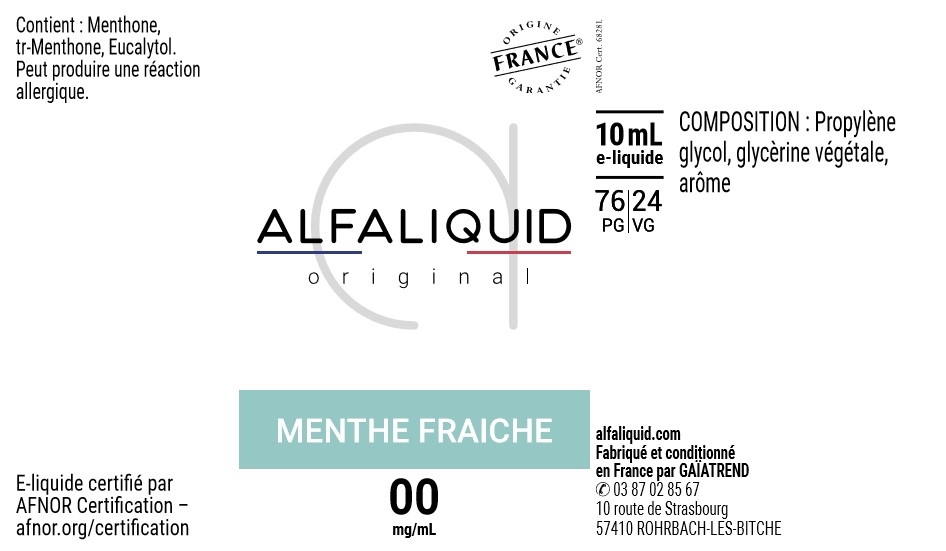 E-Liquide Menthe Fraîche 10ml - Original Fraicheur - Alfaliquid étiquette 0 mg