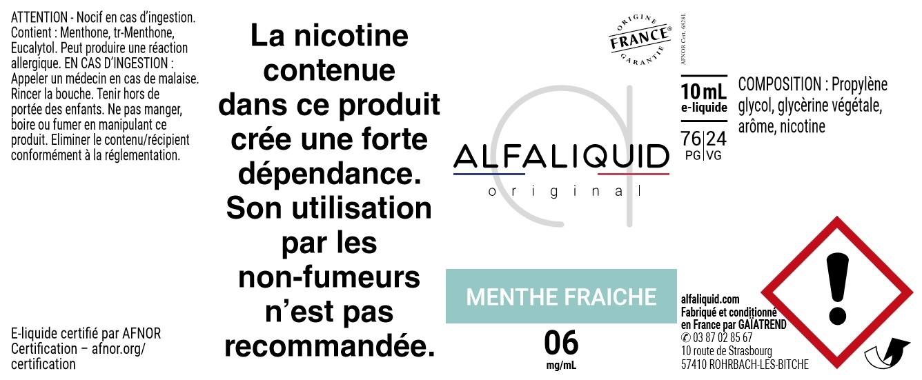 E-Liquide Menthe Fraîche 10ml - Original Fraicheur - Alfaliquid étiquette 6 mg