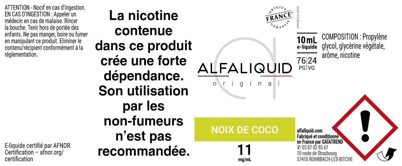 E-Liquide Noix de Coco 10ml - Original Fruitée | Alfaliquid étiquette 11 mg