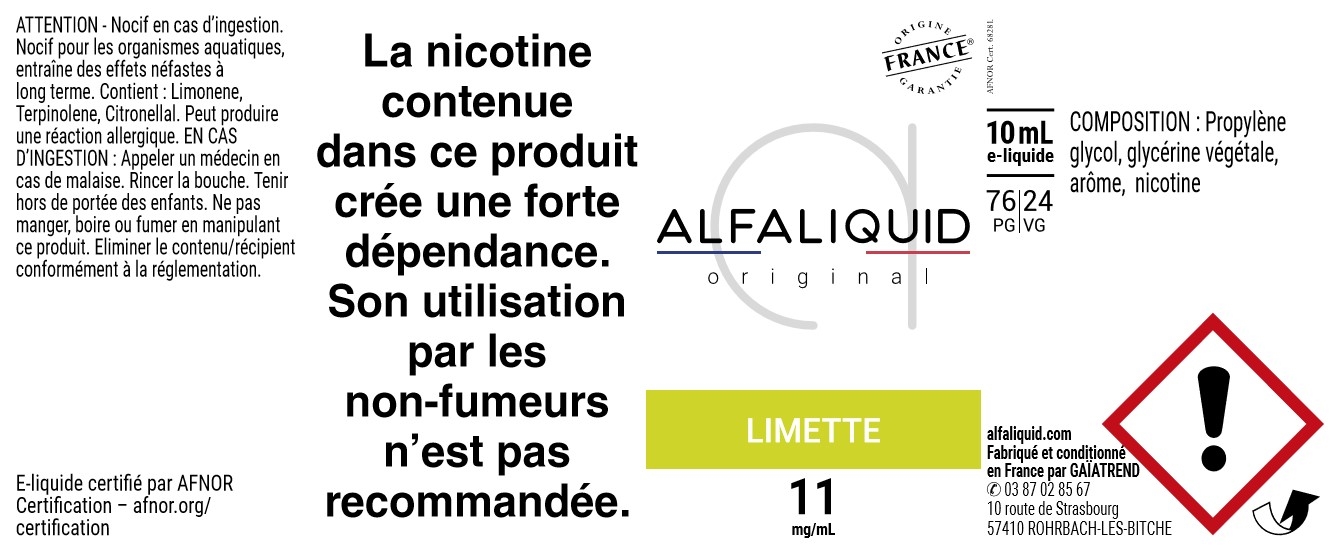 E-Liquide LIMETTE 10ml - Original Fruitée | Alfaliquid étiquette 11 mg