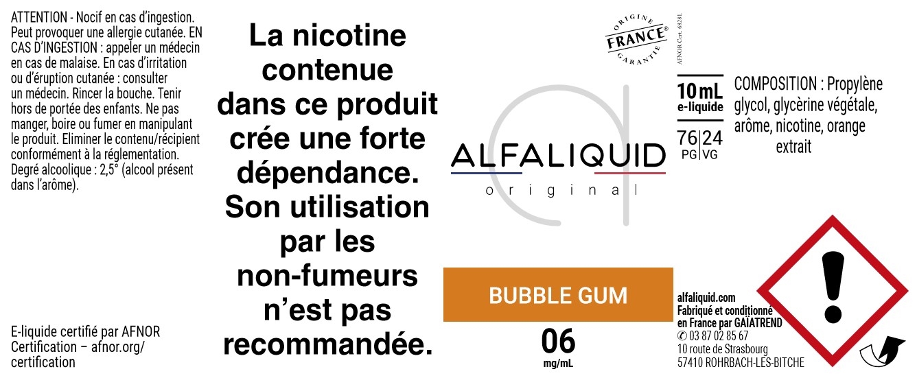 E-Liquide Bubble Gum 10ml - Original Gourmande | Alfaliquid étiquette 6 mg