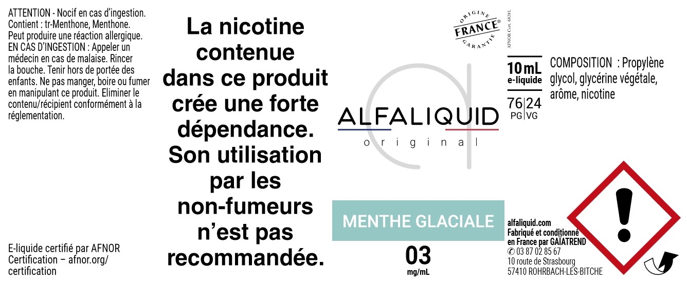 E-Liquide Menthe Glaciale 10ml - Original Fraicheur | Alfaliquid étiquette 3 mg