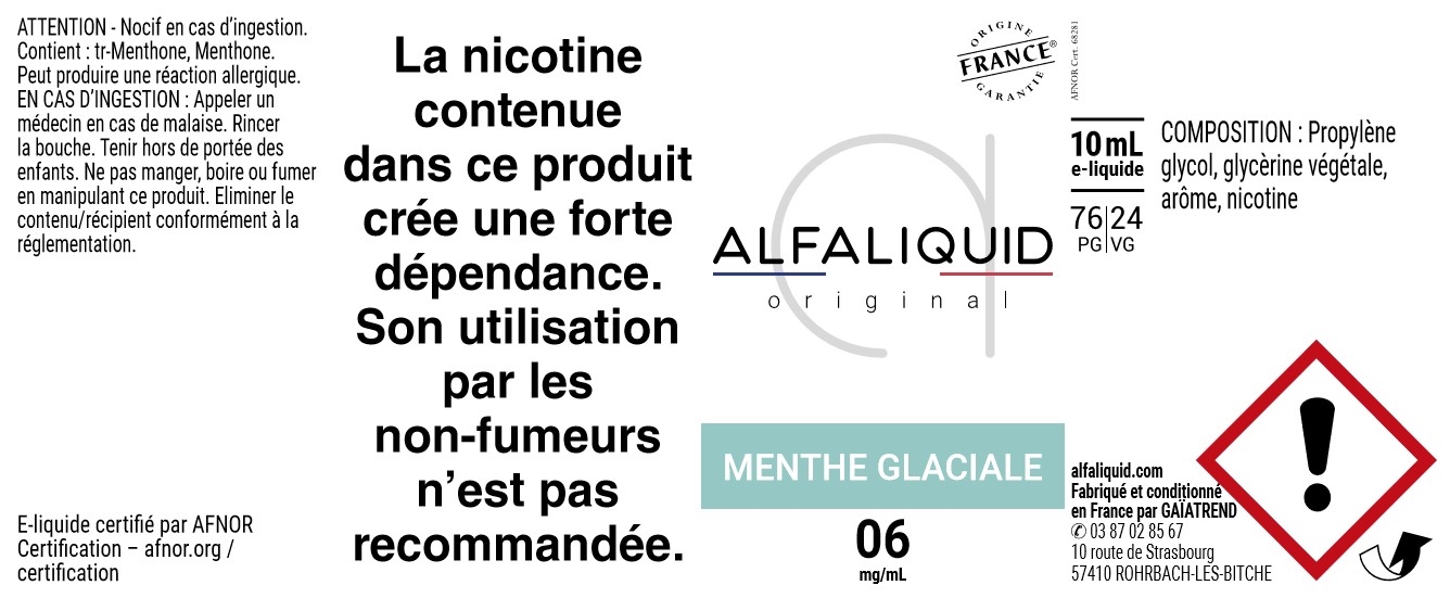 E-Liquide Menthe Glaciale 10ml - Original Fraicheur | Alfaliquid étiquette 6 mg