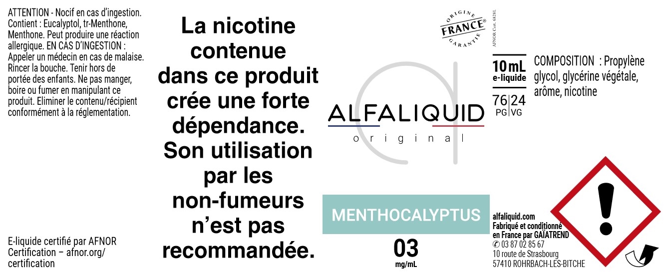 E-Liquide Menthocalyptus 10ml - Original Fraicheur | Alfaliquid étiquette 3 mg