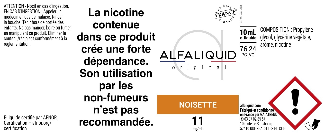 E-Liquide NOISETTE 10ml - Original Gourmande | Alfaliquid étiquette 11 mg