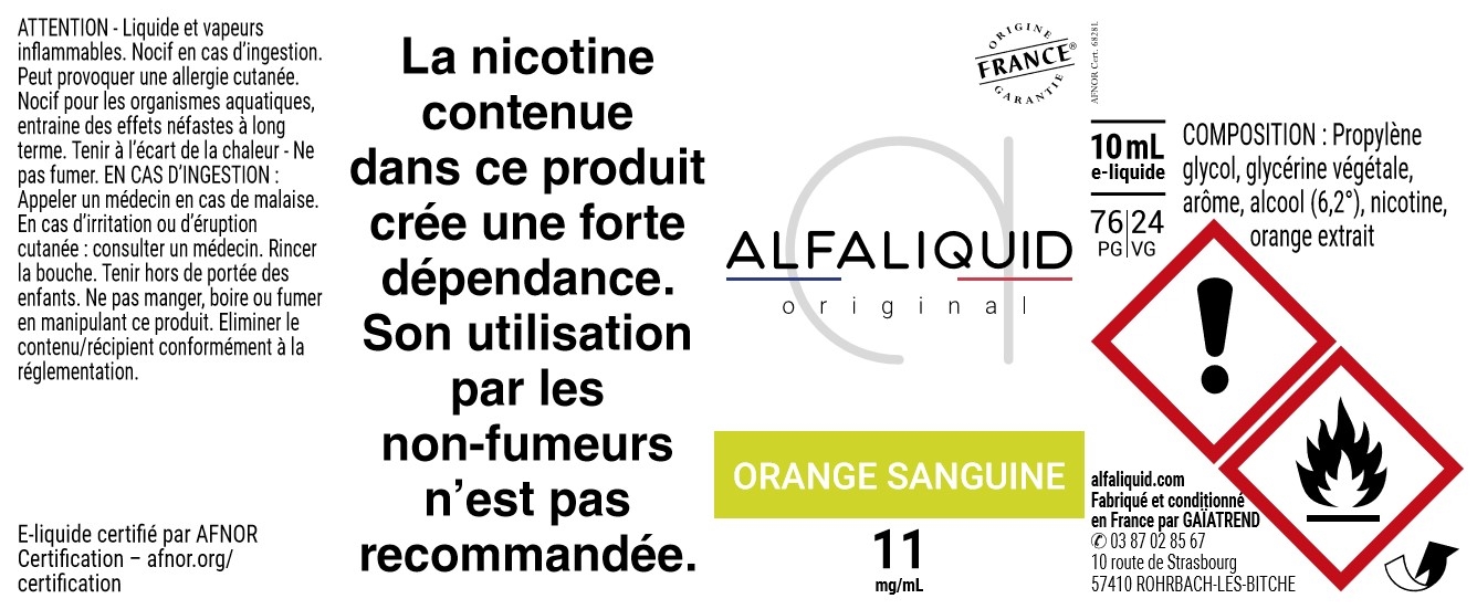 E-Liquide ORANGE SANGUINE 10ml - Original Fruitée | Alfaliquid étiquette 11 mg