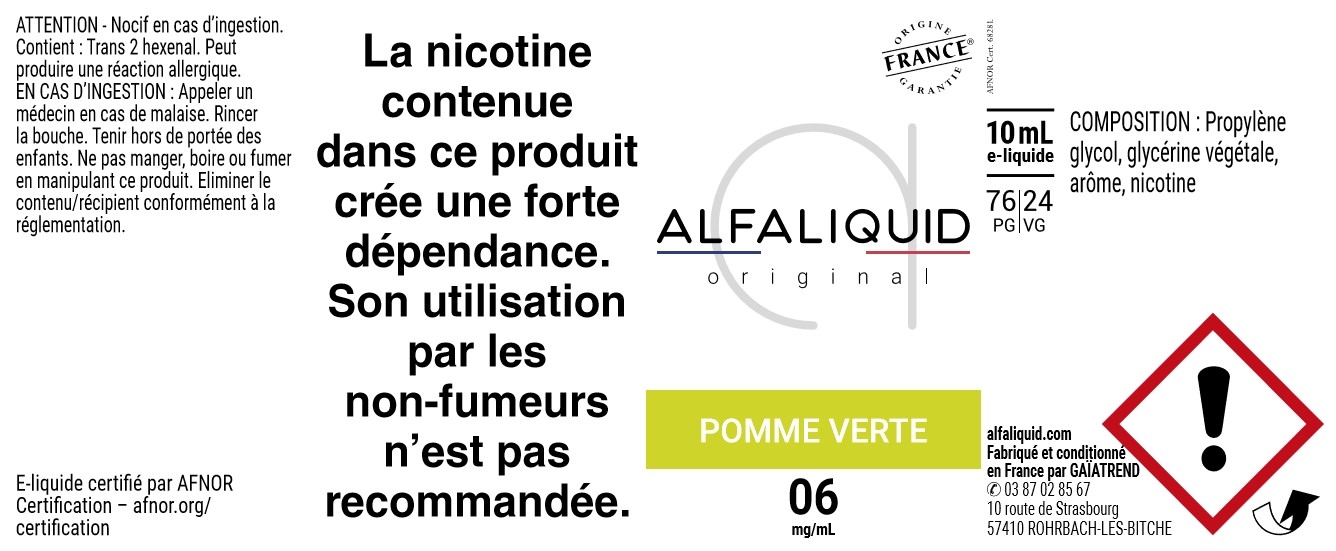 E-Liquide POMME VERTE 10ml - Original Fruitée | Alfaliquid étiquette 6 mg