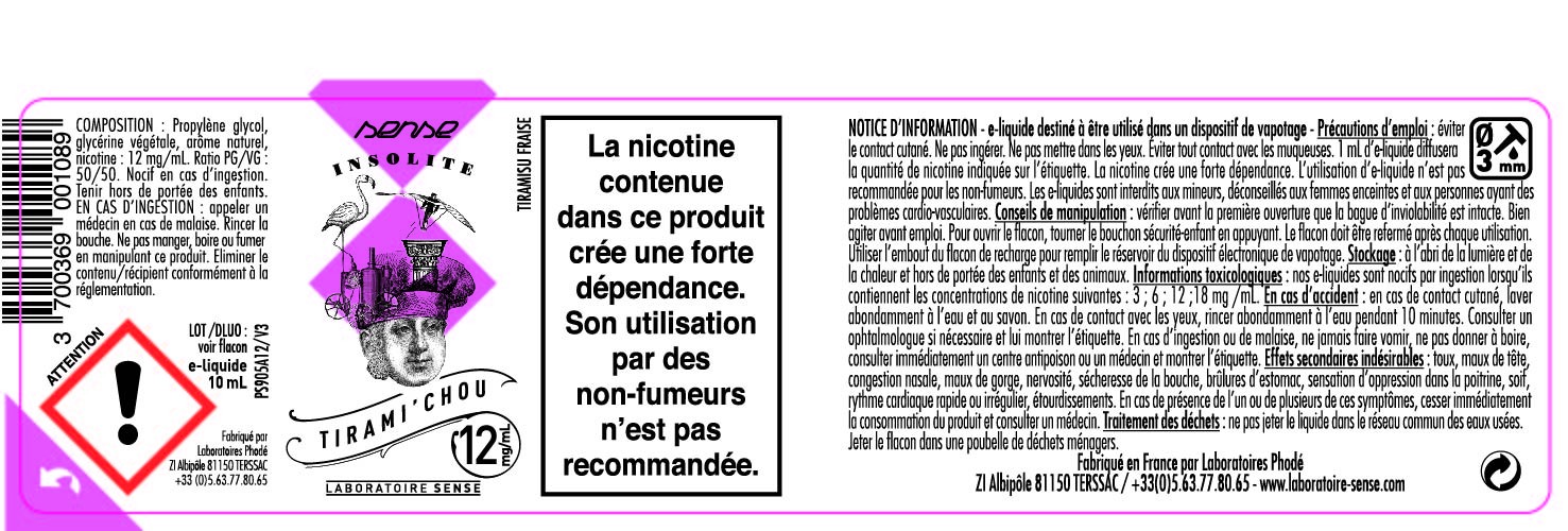 E-LIQUIDE TIRAMI'CHOU 10ML 50/50 - SENSE Insolite étiquette 12 mg