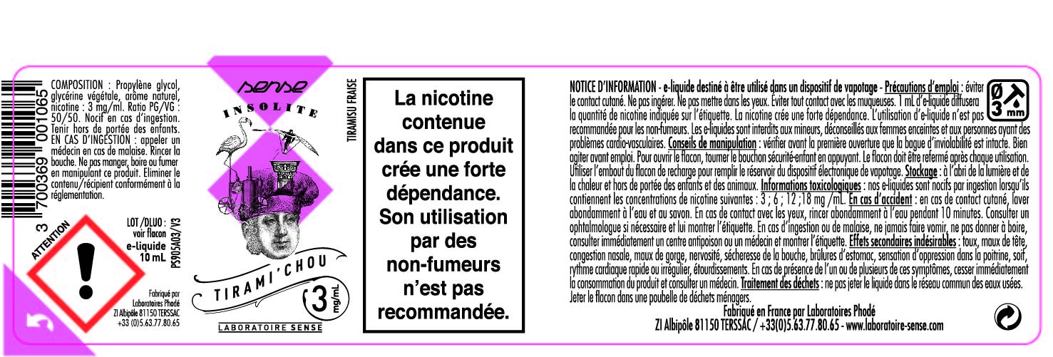 E-LIQUIDE TIRAMI'CHOU 10ML 50/50 - SENSE Insolite étiquette 3 mg