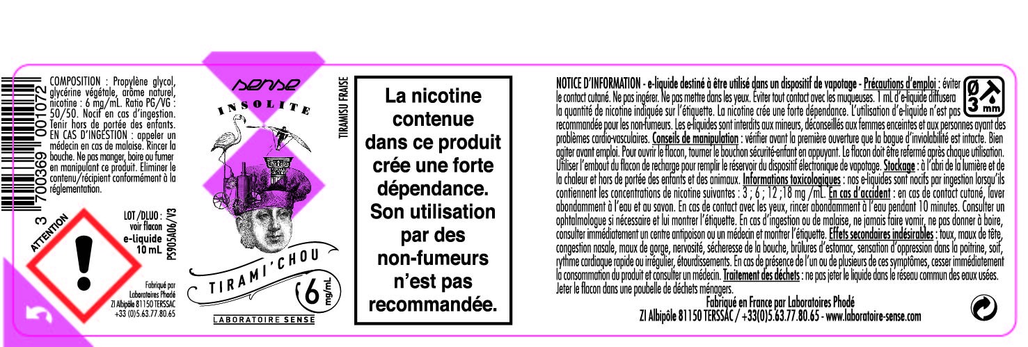E-LIQUIDE TIRAMI'CHOU 10ML 50/50 - SENSE Insolite étiquette 6 mg