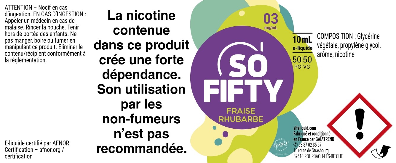 E-Liquide FRAISE RHUBARBE 10ml 50/50 - Sofifty | Alfaliquid étiquette 3 mg